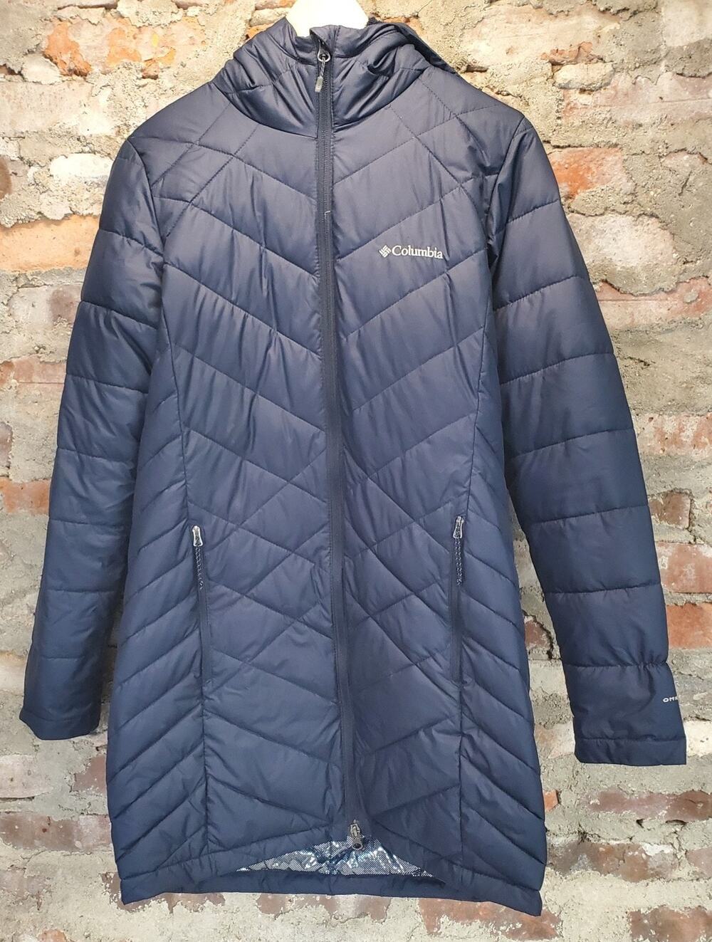 Columbia Womens Puffer Quilted Long Jacket Size M Navy Blue Omni-Heat Hooded